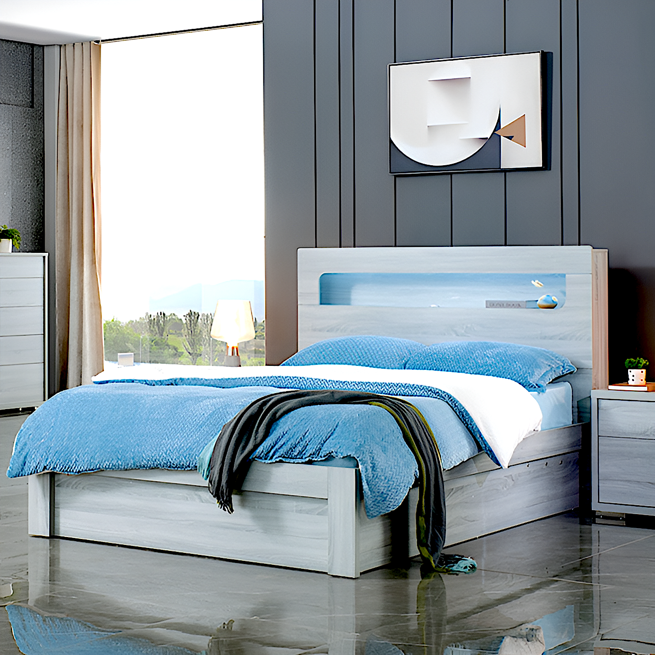 Washington queen size bed - cement grey colour, bed with led in headboard
