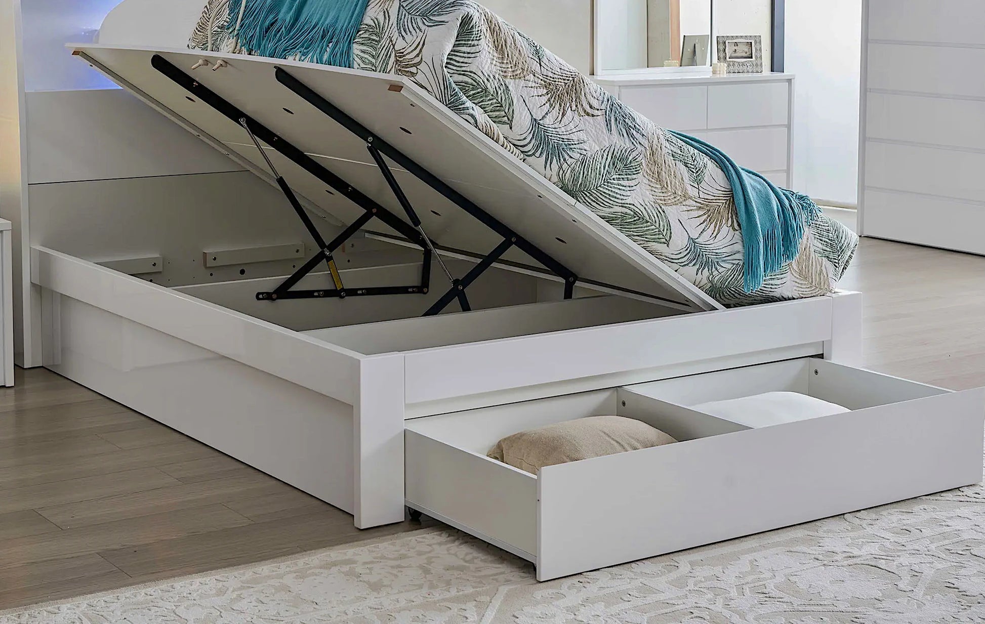 London bed frame with side gas lift and bed end drawer storage in white