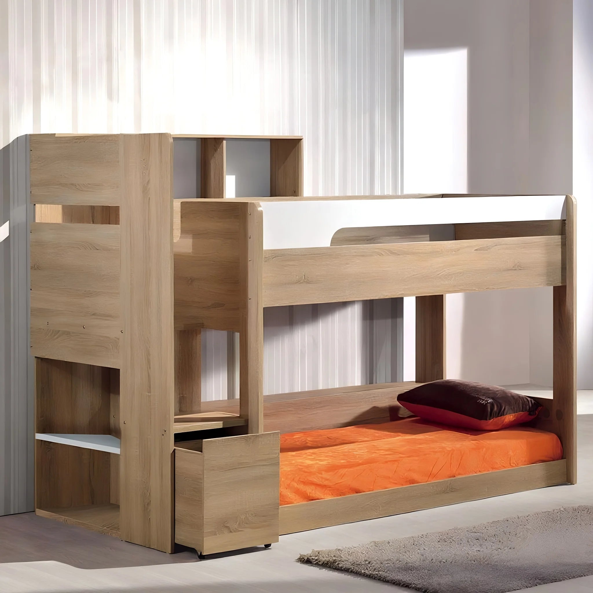 Zegna bunk bed, single over single bunk with stairs, bookshelf, drawer and bench.