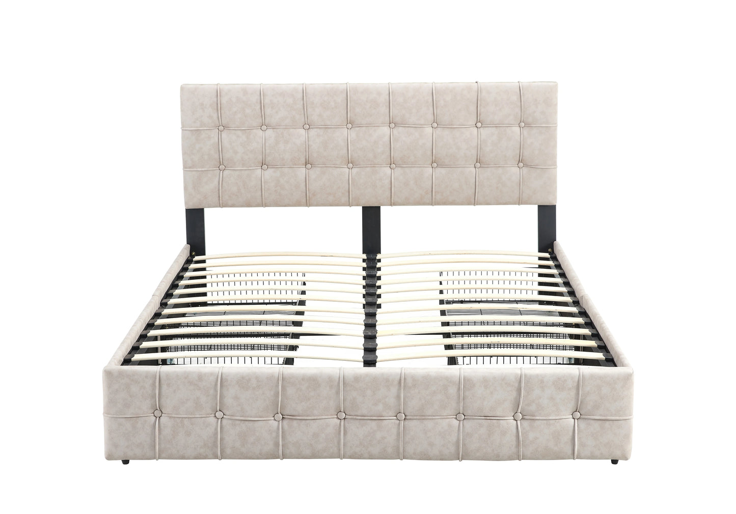 Front view of Norwa upholstered platform bed in beige with button-tufted headboard and built-in drawers