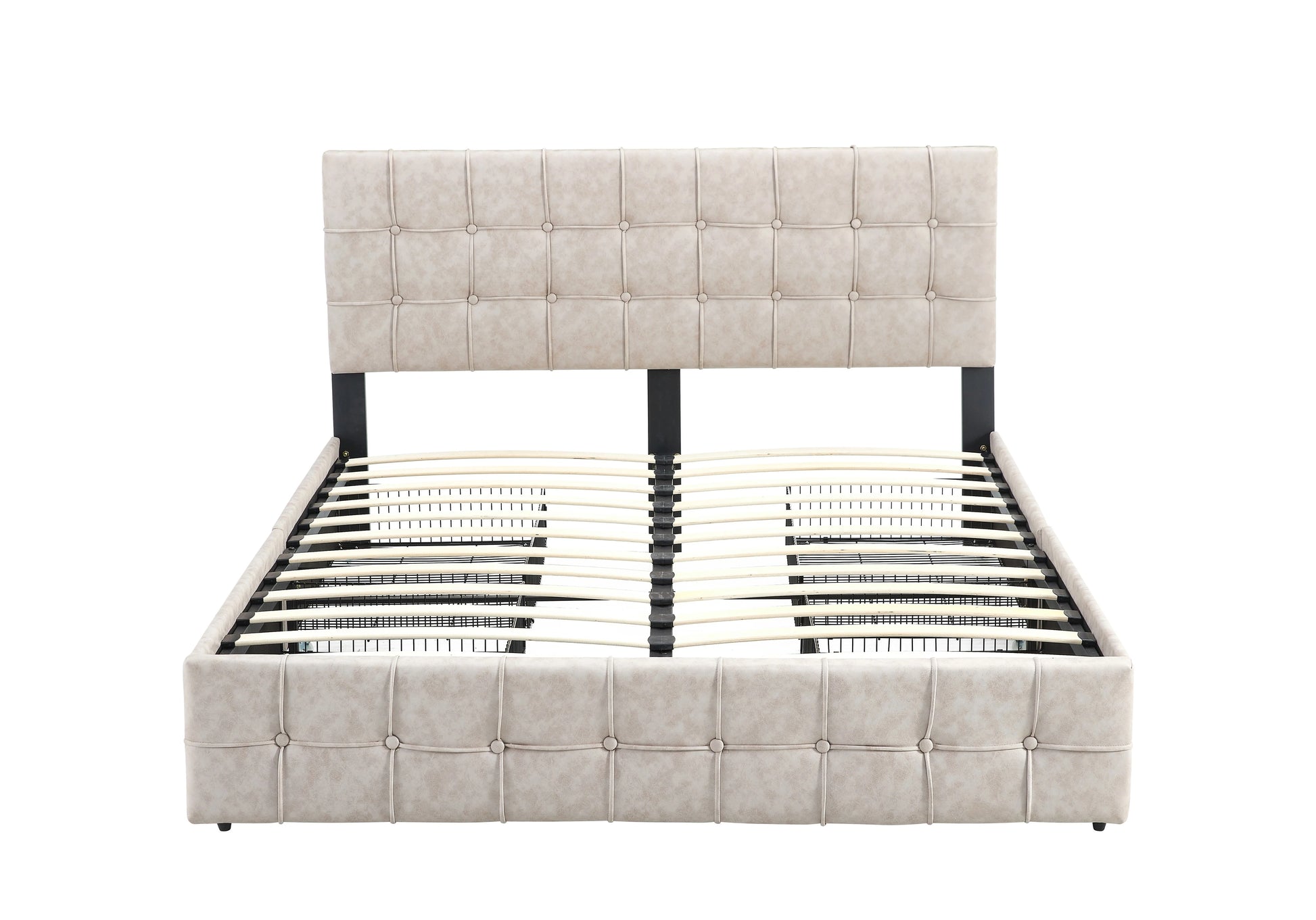 Front view of Norwa upholstered platform bed in beige with button-tufted headboard and built-in drawers