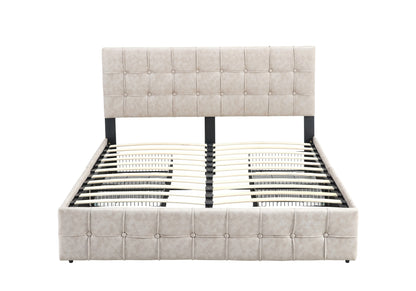 Front view of Norwa upholstered platform bed in beige with button-tufted headboard and built-in drawers