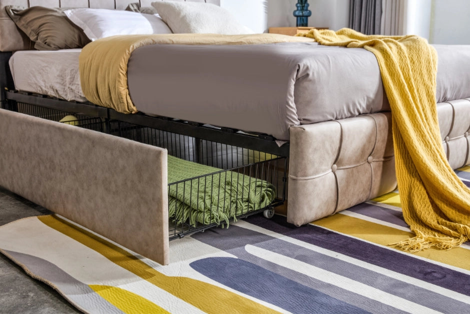 Close-up of Norwa fabric bed drawer – smooth sliding beige storage drawer with detailed upholstery finish