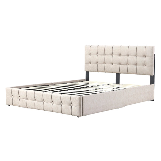 Norwa beige fabric bed frame with button-tufted headboard and four storage drawers – double or queen size