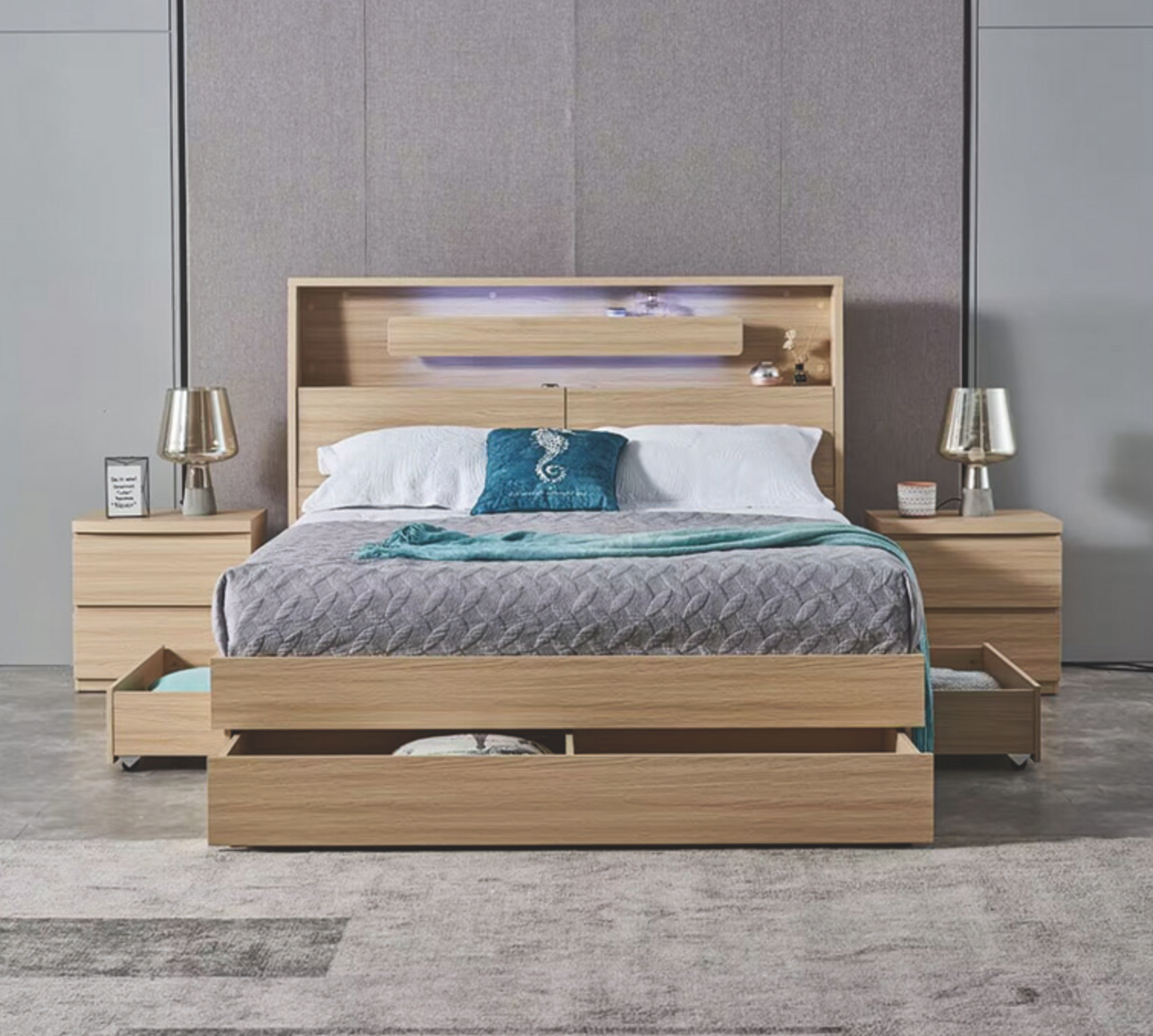 nova double queen king size bed frame with side board lift end draw, slat gas lift, three drawers