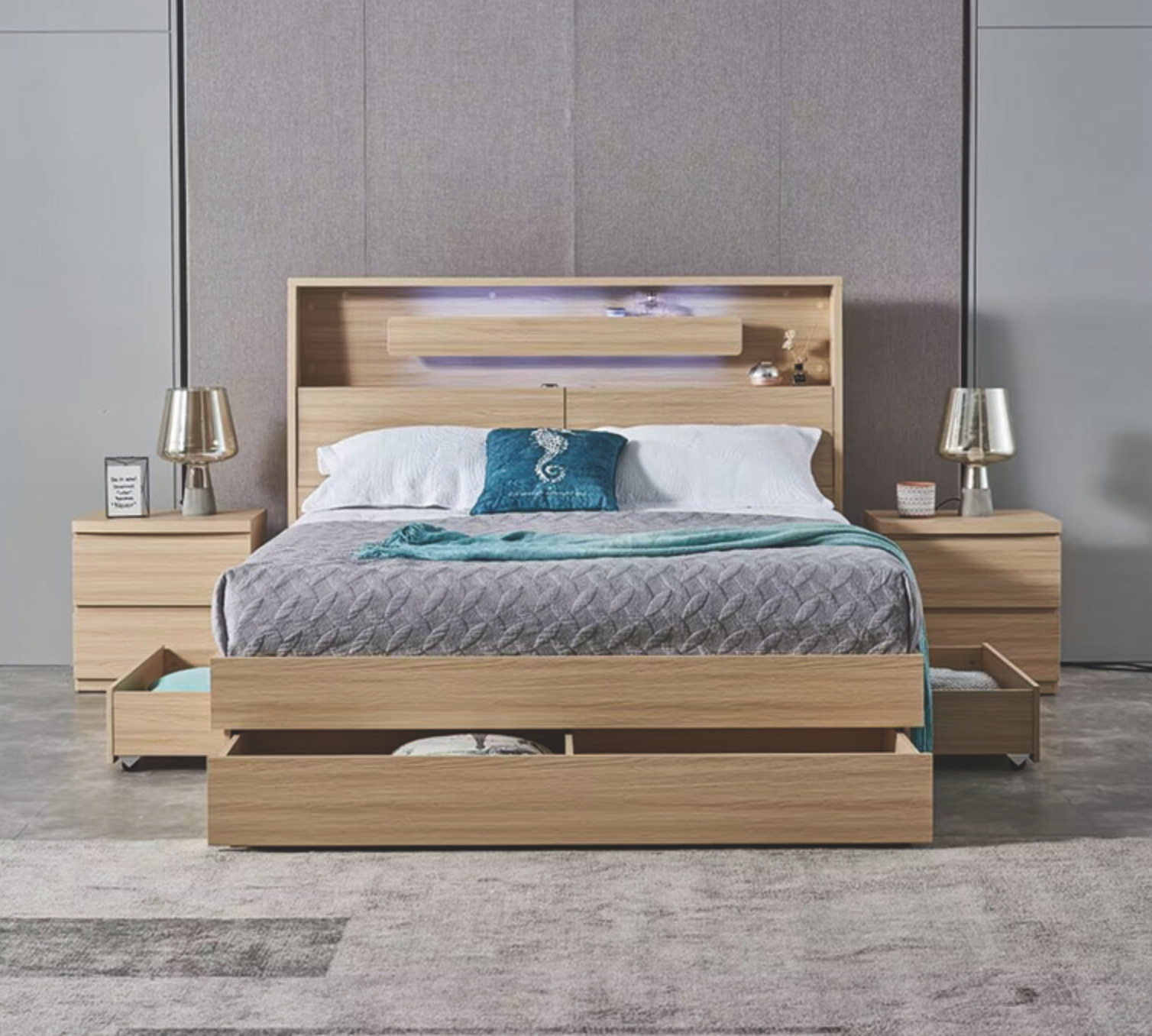 nova double queen king size bed frame with side board lift end draw, slat gas lift, three drawers